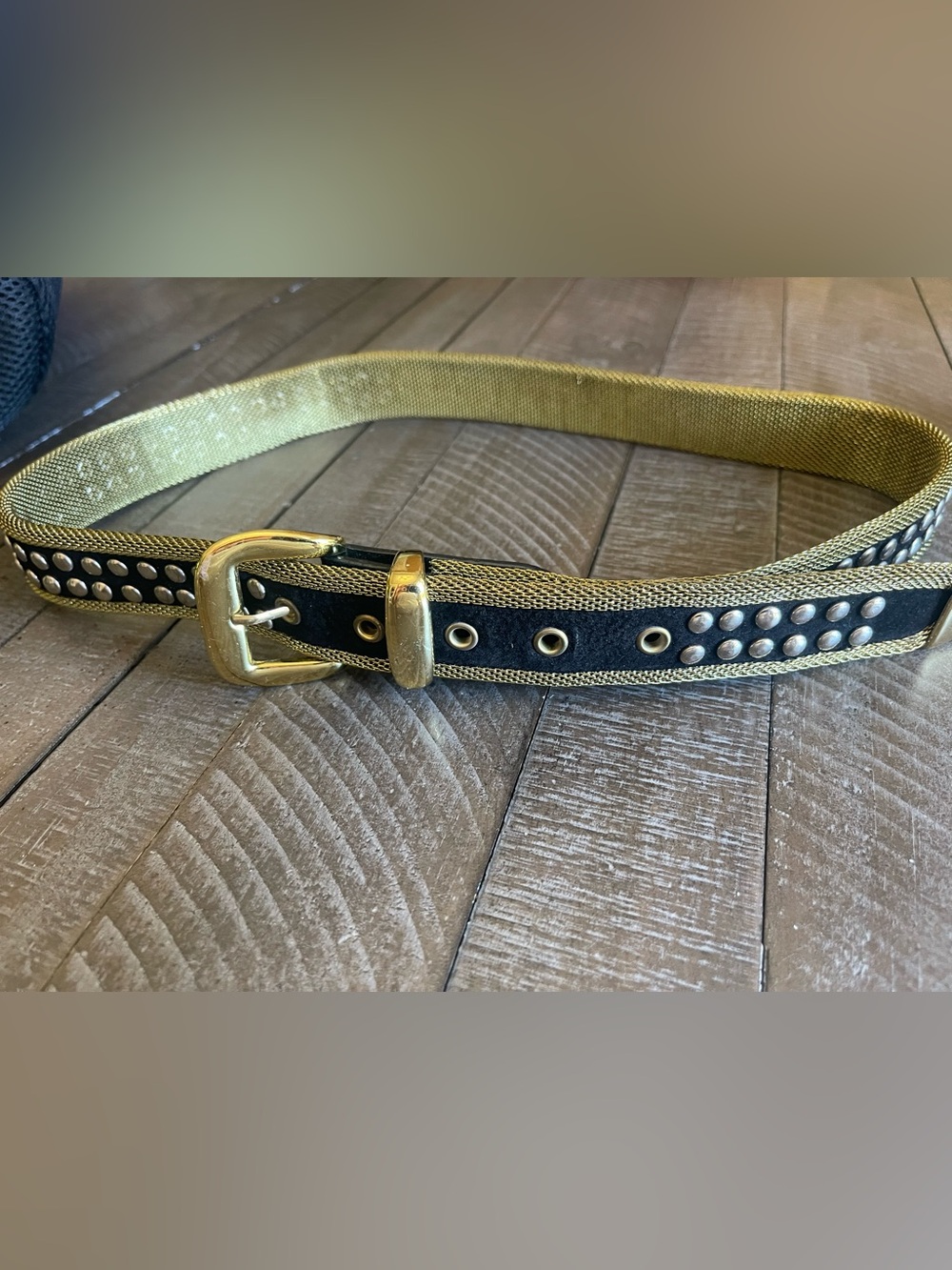 Donna Katz vintage Black and Gold Studded Women's Belt with Gold Buckle 40”